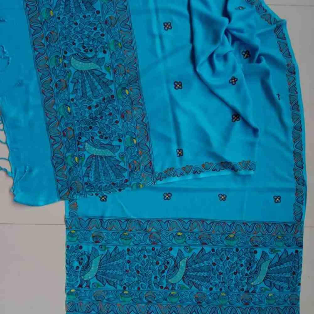 Maadhubani Painting Blue Colour Stole - Peacock